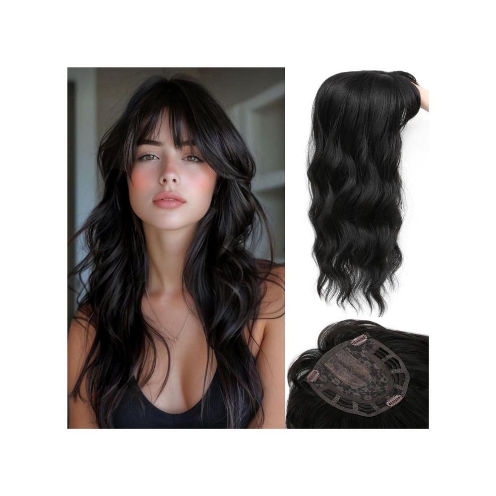 20" Black Wavy Hair Topper French Bangs Silk Base 360 3D Piece Premium Synthetic